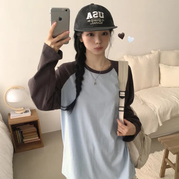 Full of Cuteness, Contrast Raglan Round Neck Loose Boxy Oversized Long Sleeve T-shirt