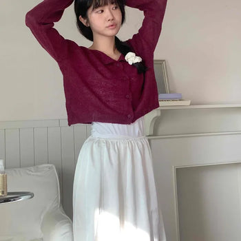 Button Crop Semi-See-Through Knit Cardigan