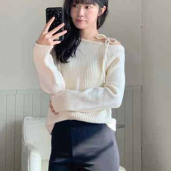 Shoulder Ribbon Slim Ribbed Knit