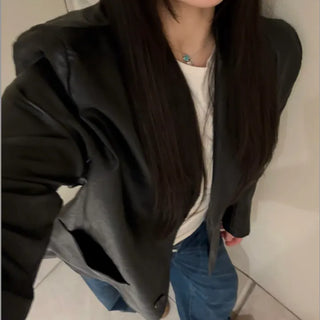 Two-Button Oversized Leather Blazer Jacket