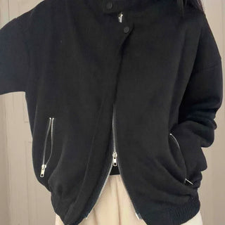 Metal Zipper Double Pocket Elastic Waist Zip-Up Blouson