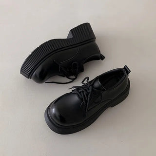 ◈6cm◈Martin Platform Loafers Block Heel Height-Increasing Strap Lace-up Round Flats All-Season Shoes