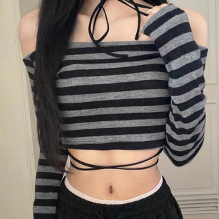 Striped Shoulder Cut String Crop T-shirt