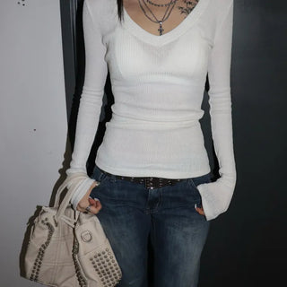SLIMMING V-neck Long Sleeve Knit Tee