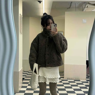 High-Neck Teddy Fleece Button Short Jacket