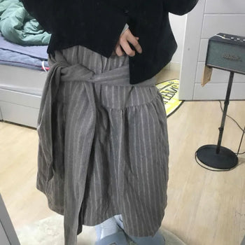 Striped Pleated Wrap Balloon Midi Skirt