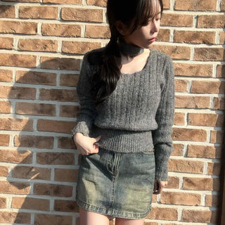 Natural Wool Ribbed Square Neck Slim Fit Knit Choker Set