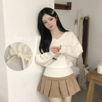 Cinched Waist~ V-Neck Delicate Avant-Around Fit Long Sleeve Knit with Back Ribbon Strap