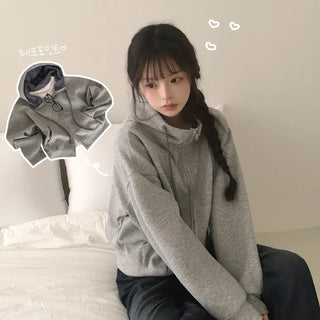 Lovely Mood, Check Color Block High Neck Two-way Avant-garde Loose Fit Zip-up Hoodie
