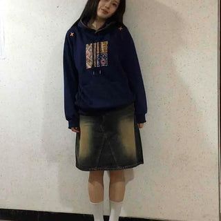 Washed straight denim midi skirt
