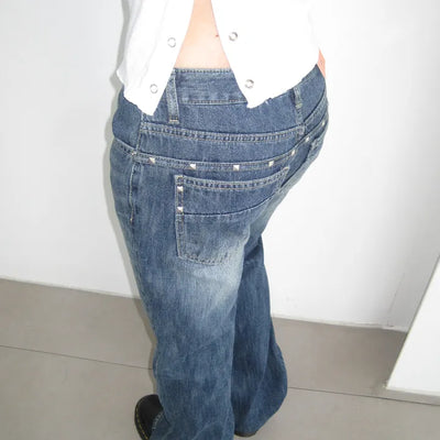 Hip rivet cut point low semi bootcut denim pants