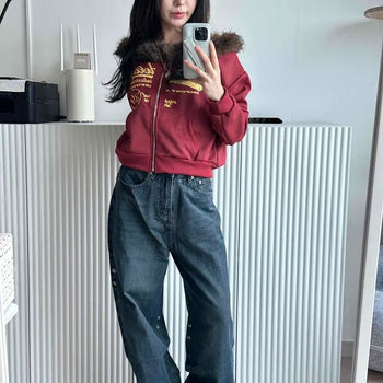 Side Snap Button Loose Fit Denim Pants