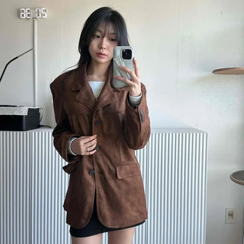 Large Collar Button Long Suede Jacket