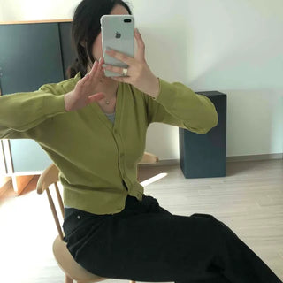 Natural Crop Button V-Neck Cardigan