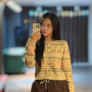 Retro cherry pattern knit crop cardigan