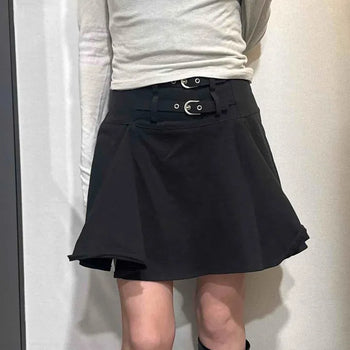 Buckle Belt Pintuck A-line Midi Skirt
