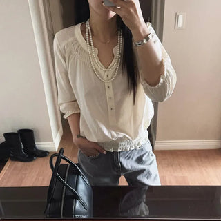 Moa Frill Smoked Pleated Collarless V-Neck Sleeveless Blouse Wedding Guest Look Work Look