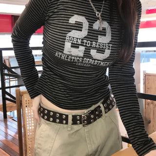 Oreo Vintage Hip Girl Cracked Striped Slim Tee
