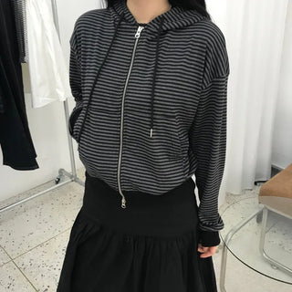 Striped Crop Two-Way Zip-Up Hoodie