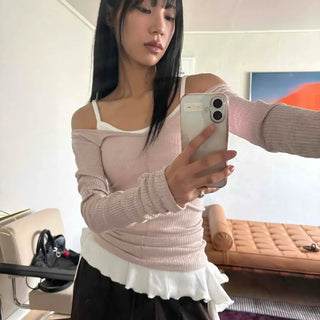 Layered Frill Shirred V-Neck Ribbed Long Sleeve Tee