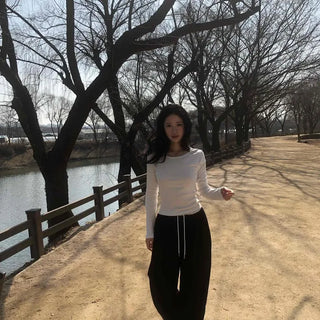 Flat Hidden Elastic Waist Semi-Wide Slacks