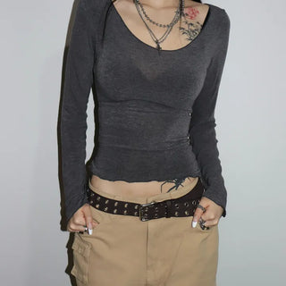 Recommended*GLAM Deep U-Neck Long Sleeve Tee 4co