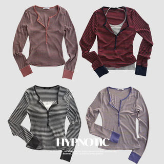 [MADE: In-house Production] Stripe Button Henley Neck T-shirt [20% Tencel]
