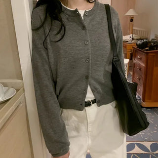 Lulu Round Cropped Cardigan Semi-Crop Plain Long Sleeve Knit Sweater Spring Transitional Season