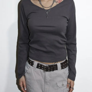 COTTON V-neck Long Sleeve T-shirt 4co