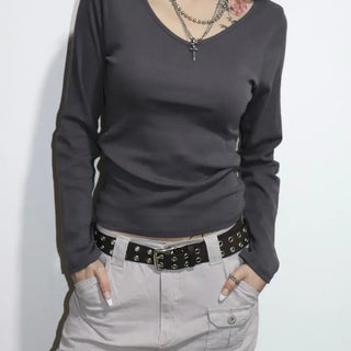 COTTON V-neck Long Sleeve T-shirt 4co