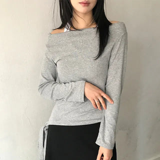 Heyri Halter Color Block Layered Off-Shoulder Long Sleeve Tee