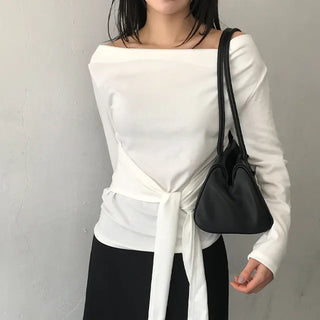 Chemiel Drape Tie Off-shoulder Long Sleeve Top