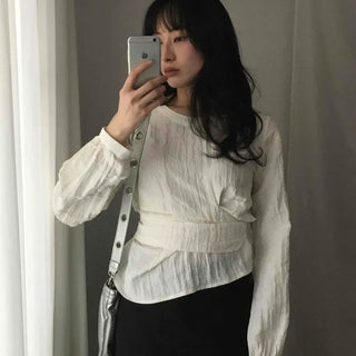 Romantic Wrap Style Elastic Round Neck Blouse