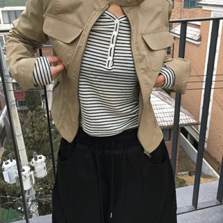 *Layered* Striped V-Button Tee