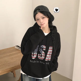 Hip Mood, American Stars and Stripes USA Vintage Print Avant-garde Boxy Loose Fit Hoodie