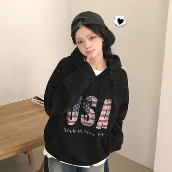 Hip Mood, American Stars and Stripes USA Vintage Print Avant-garde Boxy Loose Fit Hoodie
