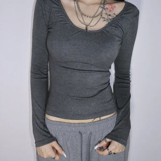 Recommended* GENTA Shirred V-Neck Long Sleeve Tee 4co