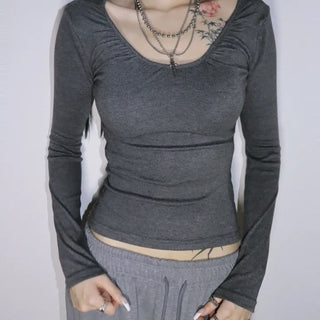Recommended* GENTA Shirred V-Neck Long Sleeve Tee 4co