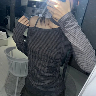 Noir Y2K One-Shoulder Scarf Set - One-Shoulder Scarf Set Slim Fit Long Sleeve T-shirt
