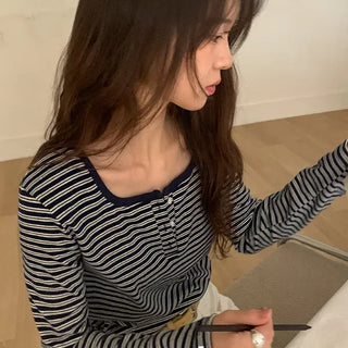 Clover Button Henley Neck Striped Long Sleeve T-shirt