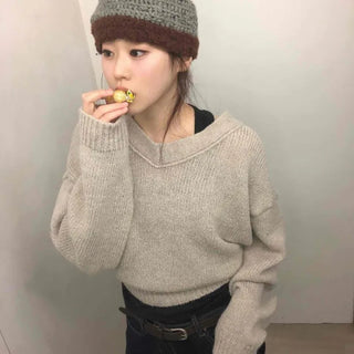 Heather Wide V-Neck Cropped Loose Fit Knit Cardigan