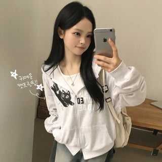 Hip Mood, Kitsch Cat Print Lettering Two-Way Avant-garde Boxy Oversized Zip-Up Hoodie for Transitional Season