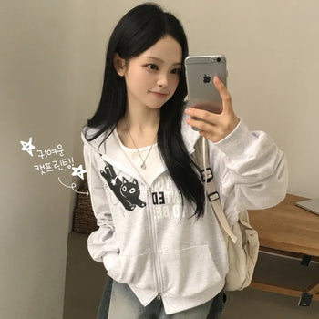 Hip Mood, Kitsch Cat Print Lettering Two-Way Avant-garde Boxy Oversized Zip-Up Hoodie for Transitional Season