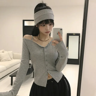 Guaranteed beauty, Ribbed asymmetrical strap off-shoulder delicate slim fit cardigan long sleeve t-shirt