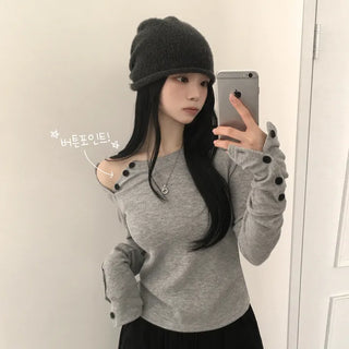 Effortlessly chic, Asymmetrical Diagonal Button Round Neck Ribbed Sleeve Slit Delicate Fit Long Sleeve T-shirt