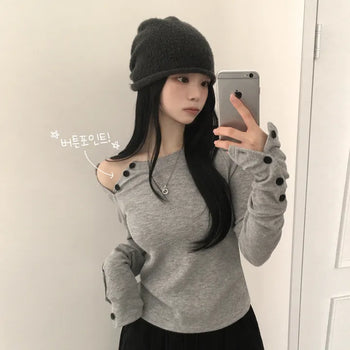 Effortlessly chic, Asymmetrical Diagonal Button Round Neck Ribbed Sleeve Slit Delicate Fit Long Sleeve T-shirt