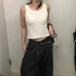 Low Belt Detail Full-Length Wide Pants