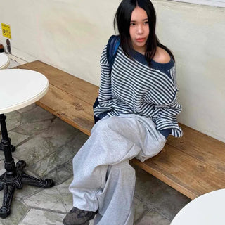 Asymmetrical Shoulder Basque Slit Point Border Knit
