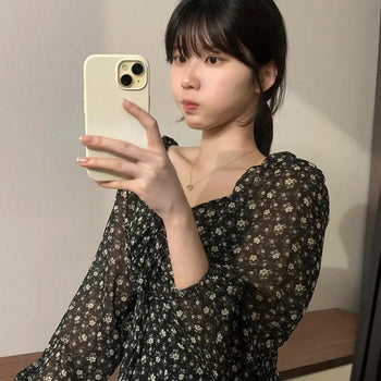 See-through Floral Heart Neck Mini Dress