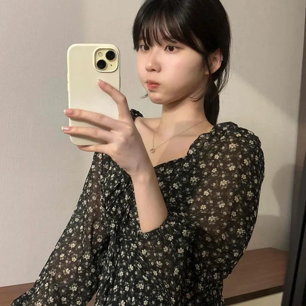 See-through Floral Heart Neck Mini Dress